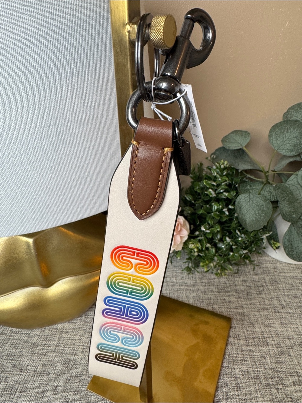 Coach Cream Leather Key Strap with Rainbow Logo